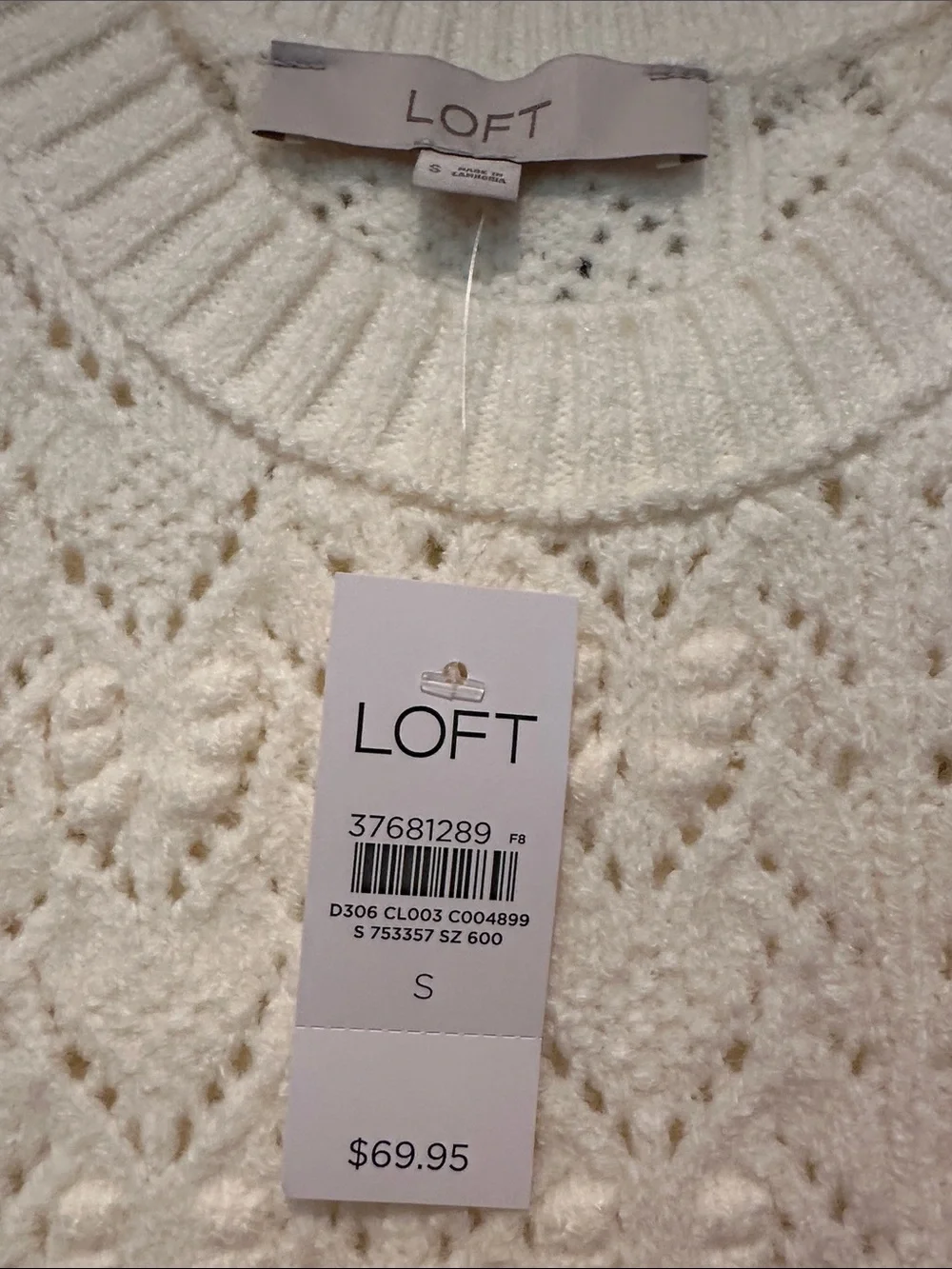 LOFT Cream Openwork Cable-Knit Crew Sweater with Side Tie size Small
